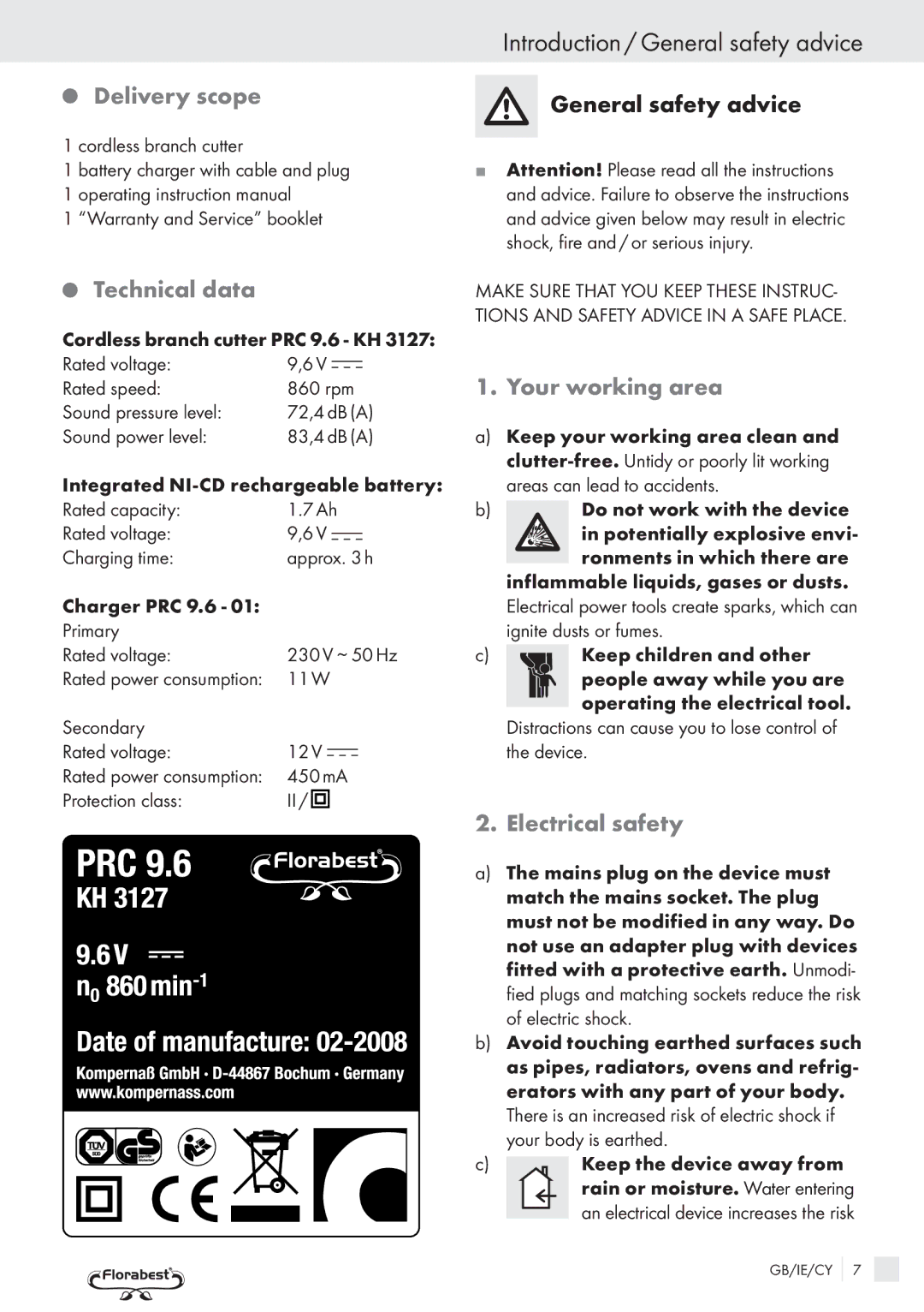 Bench PRC 9.6 Introduction / General safety advice, Delivery scope, Technical data, Your working area, Electrical safety 